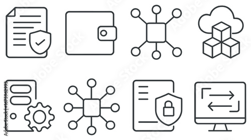 Cybersecurity linear icon set. featuring document, wallet, network, cloud, server, security, and monitor symbols