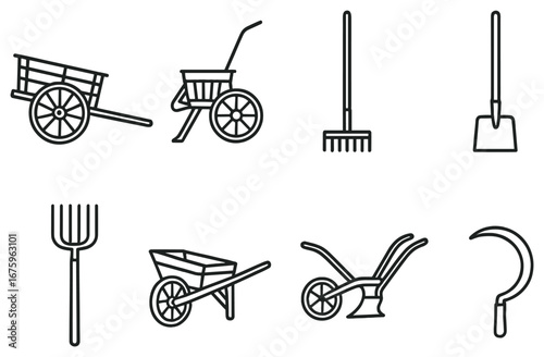 Farm tools linear icon set. featuring cart, wheelbarrow, rake, shovel, pitchfork, plow, scythe
