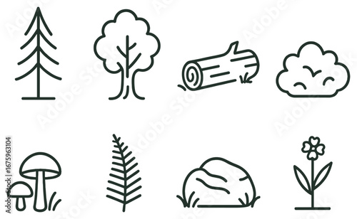 Nature linear icon set. featuring tree, bush, log, cloud, mushrooms, leaf, rock, flower symbols