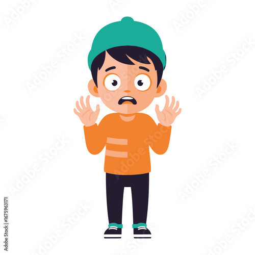 Child in Panic: The illustration features a wide-eyed child, showcasing an expression of panic and anxiety. Hands raised and face filled with fear.