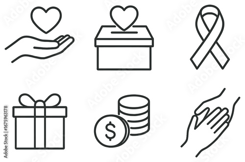 Charity and support linear icon set. featuring hand-heart, donation box, ribbon, gift, coins, handshake symbols