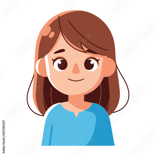 Smiling Woman's Portrait: A charming cartoon illustration of a friendly, brown-haired woman, radiating approachability and warmth, with subtle highlights and soft colors.