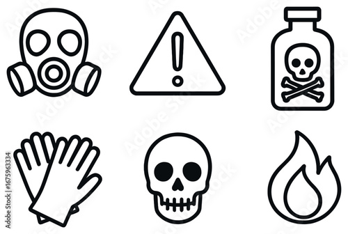 Safety and hazard 3d icon set. featuring gas mask, warning, poison, gloves, skull, flame symbols