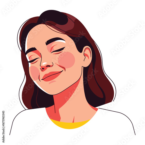 Contentment and Tranquility: A portrait of a young woman, with closed eyes, radiating a serene and peaceful state of mind, expressing inner joy.