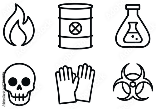 Hazard symbols linear icon set. featuring fire, barrel, flask, skull, gloves, and biohazard symbols
