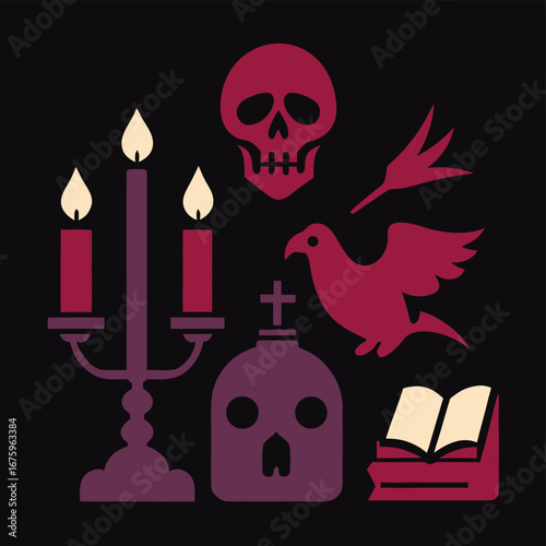 Vector art of mysterious occult symbols including a skull, candelabra, dove, and open book, set against a dark background