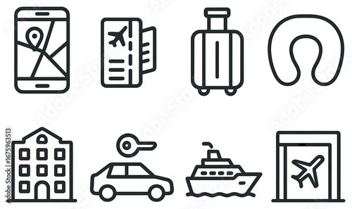 Travel and transportation linear icon set. featuring map, ticket, suitcase, neck pillow, hotel, car, and ship symbols