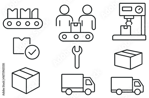 Logistics and manufacturing linear icon set. featuring conveyor, workers, machine, box, and truck symbols