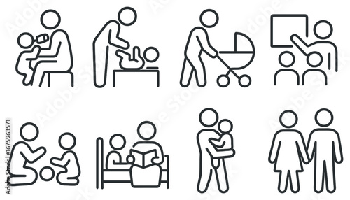Family and parenting linear icon set. featuring feeding, changing, stroller, teaching, playing, bedtime, carrying, couple