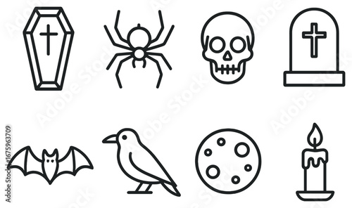 Halloween linear icon set. featuring coffin, spider, skull, tombstone, bat, crow, moon, and candle icons