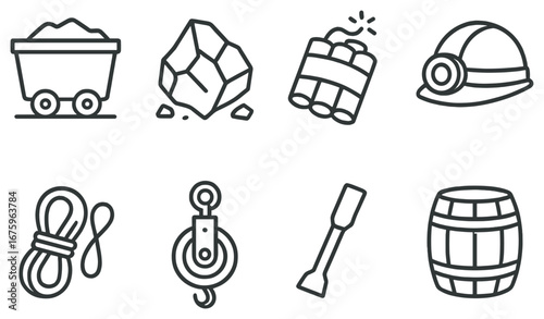 Mining tools linear icon set. featuring cart, rock, dynamite, helmet, rope, pulley, chisel, and barrel symbols