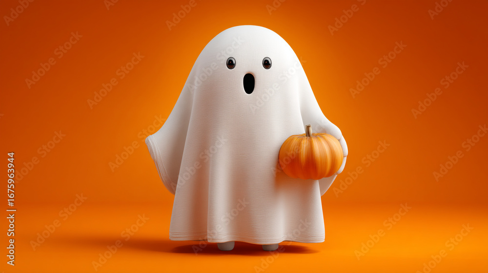 Fototapeta premium A cartoon ghost holding a small pumpkin against a solid orange background in a halloween style scene