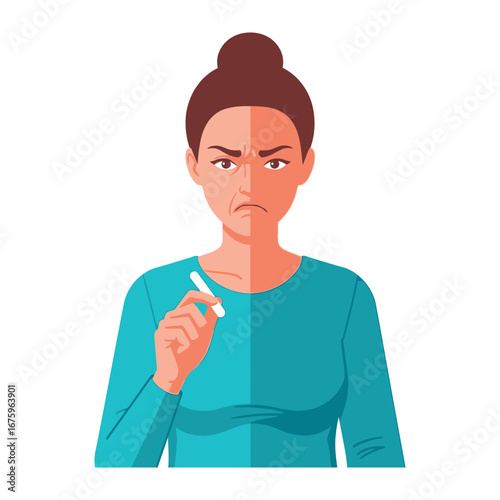 Frustration and Doubt: An Illustration of a woman facing internal conflict, the visible half of her face, a picture of displeasure, and emotional stress.