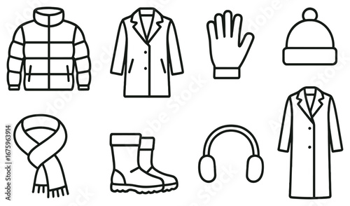 Winter clothing linear icon set. featuring jacket, coat, gloves, hat, scarf, boots, earmuffs