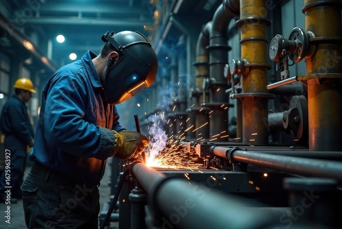 A welder meticulously fuses metal components within a large-scale power plant construction, sparks flying amidst intricate piping and heavy machinery , plant, pressure vessel