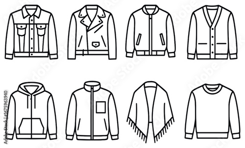 Men's outerwear linear icon set. featuring jacket, bomber, cardigan, hoodie, fleece, poncho, sweater.