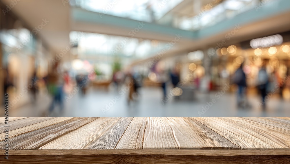 Wooden table top in a blurred shopping mall (2) Wooden table top in a blurred shopping mall (2)