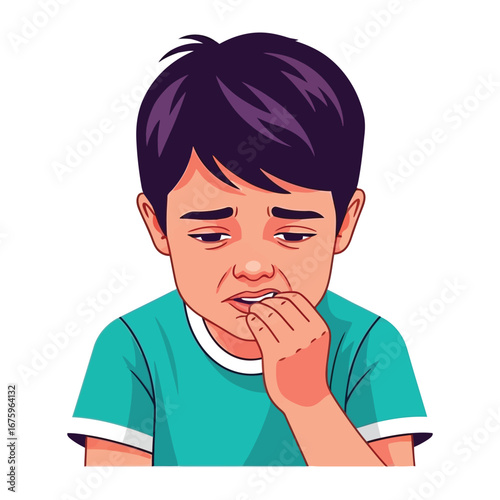 Anxious Child: A poignant illustration captures a young boy lost in worry, his fingers nervously touching his mouth, highlighting his internal struggle with anxieties.