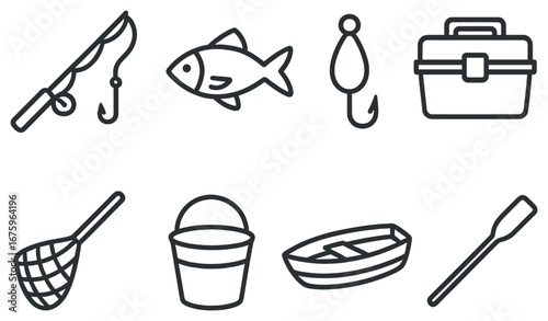 Fishing gear linear icon set. featuring rod, fish, hook, tackle box, fishing net, bucket, boat, oar