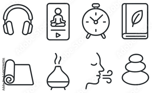 Wellness and relaxation linear icon set. featuring headphones, meditation, clock, book, yoga mat, diffuser, breathing, and stones