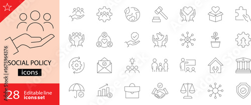 Social Policy icons set. Containing welfare, equality, public health, education, housing, community, legislation, medicine, and law. Editable stroke. line icons. Perfect for government and non profit.