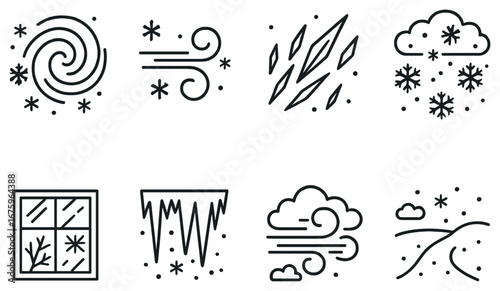 Winter weather linear icon set. featuring wind, snowflake, icicle, storm, and frost symbols