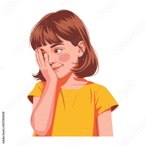 Girl’s Playful Pose: A vibrant, colorful illustration of a young girl, playfully covering one eye and gazing with the other, radiating a sense of innocent mischief and childish curiosity.