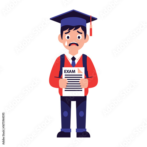 Student's Dilemma: A young graduate, filled with angst, clutches a paper indicating an exam result, epitomizing the stress and vulnerability often associated with academia.