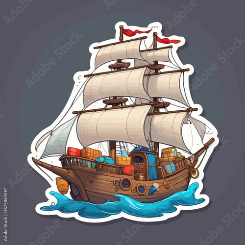 cartoon sailing ship with cargo on ocean sticker