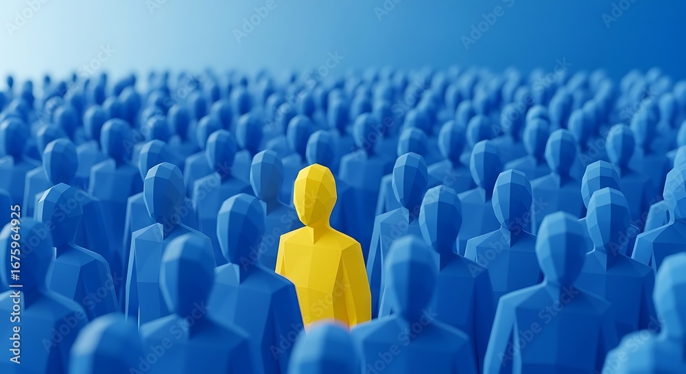 Fototapeta premium A single yellow person stands out from a crowd of blue figures, symbolizing individuality, leadership, or standing out from the norm