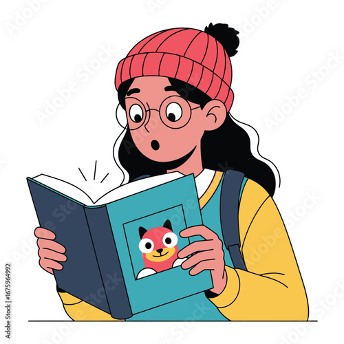 Reading Adventure: A young girl, wearing glasses and a knitted cap, is completely engrossed in a captivating book, her eyes wide with wonder and fascination.