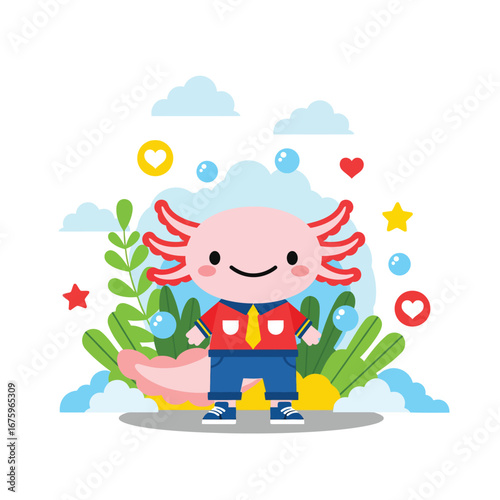 Adorable smiling axolotl character in a playful nature scene, a cute vector illustration of aquatic animals with hearts and stars