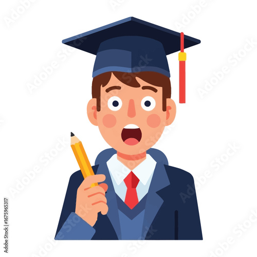 Surprised Graduate: An illustration showcases a young graduate in cap and gown, holding a pencil with a look of stunned surprise, symbolizing the excitement, nervousness.