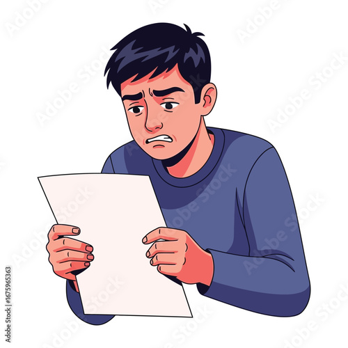 Worrying over a Document: A young individual stares intently at a white sheet of paper, face etched with concern and apprehension, an illustration encapsulating moments of stress and anxiety.