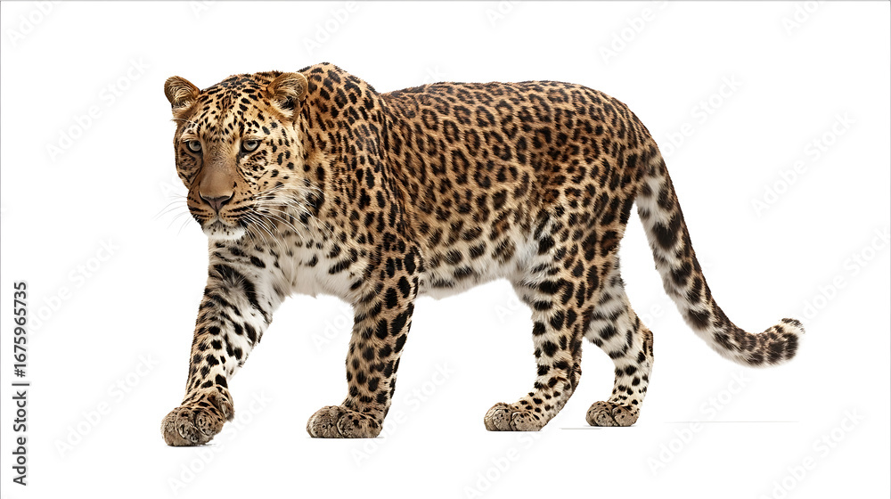 Obraz premium Photo of a leopard walking isolated on a white background with a clipping path Fullbody portrait