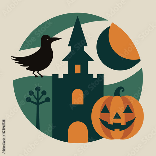 Vector art of halloween illustration featuring a spooky castle, a crow, a crescent moon, and a jackolantern against a circular background with a light beige backdrop