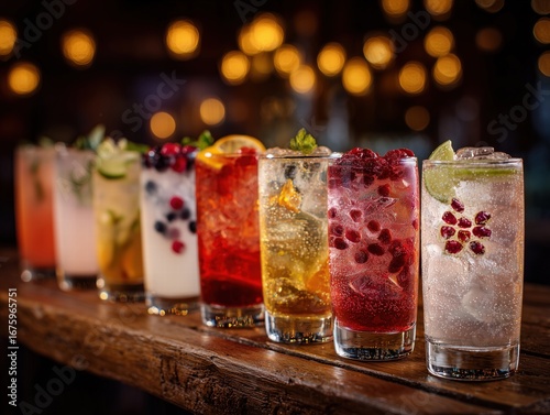 Row of highball cocktails and mocktails on rustic wooden table, gin tonic and floral drinks with berries garnish, beautiful bokeh background, professional product photography.