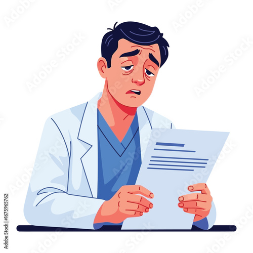 Doctor's Dilemma: A healthcare professional is seen engrossed in important paperwork with a look of exhaustion and concern, captured in a vibrant illustrative style.