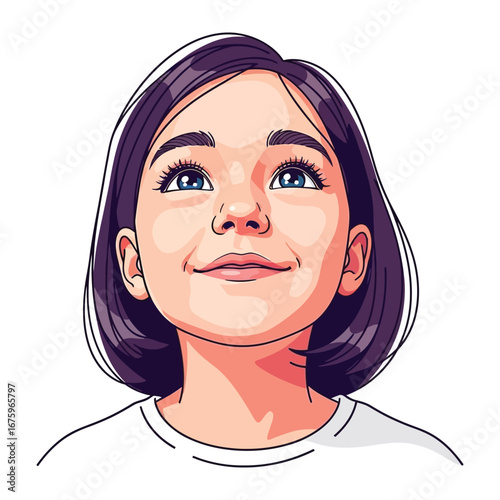A Girl's Dreamy Gaze: A young girl with short, dark hair looks upwards, her expression radiating a sense of wonder and imagination, as if lost in a world of dreams.