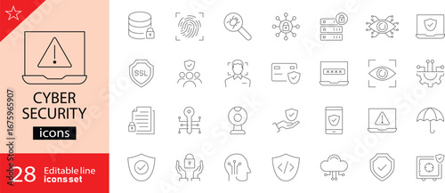 Cyber Security outline icons set. Including data protection, spam, secure, security, antivirus, password, privacy, padlock, and hacker. Vector illustration. Editable stroke.