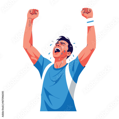 Triumph in Victory: An animated male figure revels in triumph, arms raised high in a declaration of personal success and joy.