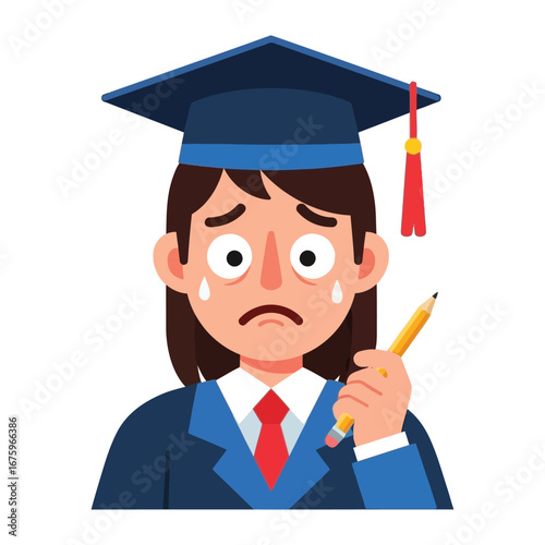 Stressful Student: A Illustration of a stressed student wearing a graduation gown and holding a pencil, portraying the pressures and anxieties of academic challenges. 