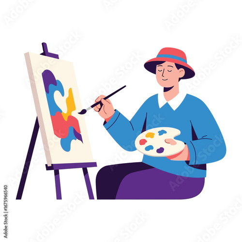 Artist in Creation: Witnessing the artistic process as a creative individual, adorned in a stylish hat, meticulously crafts a vibrant painting on a classic easel.