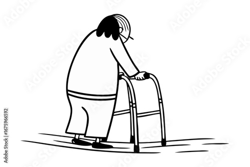 Elderly Person Using a Walker, Black and White Illustration