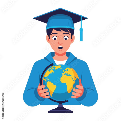 Global Student Vision: A newly graduated student gazes at a globe, symbolizing the endless possibilities and global perspectives opened up by education.