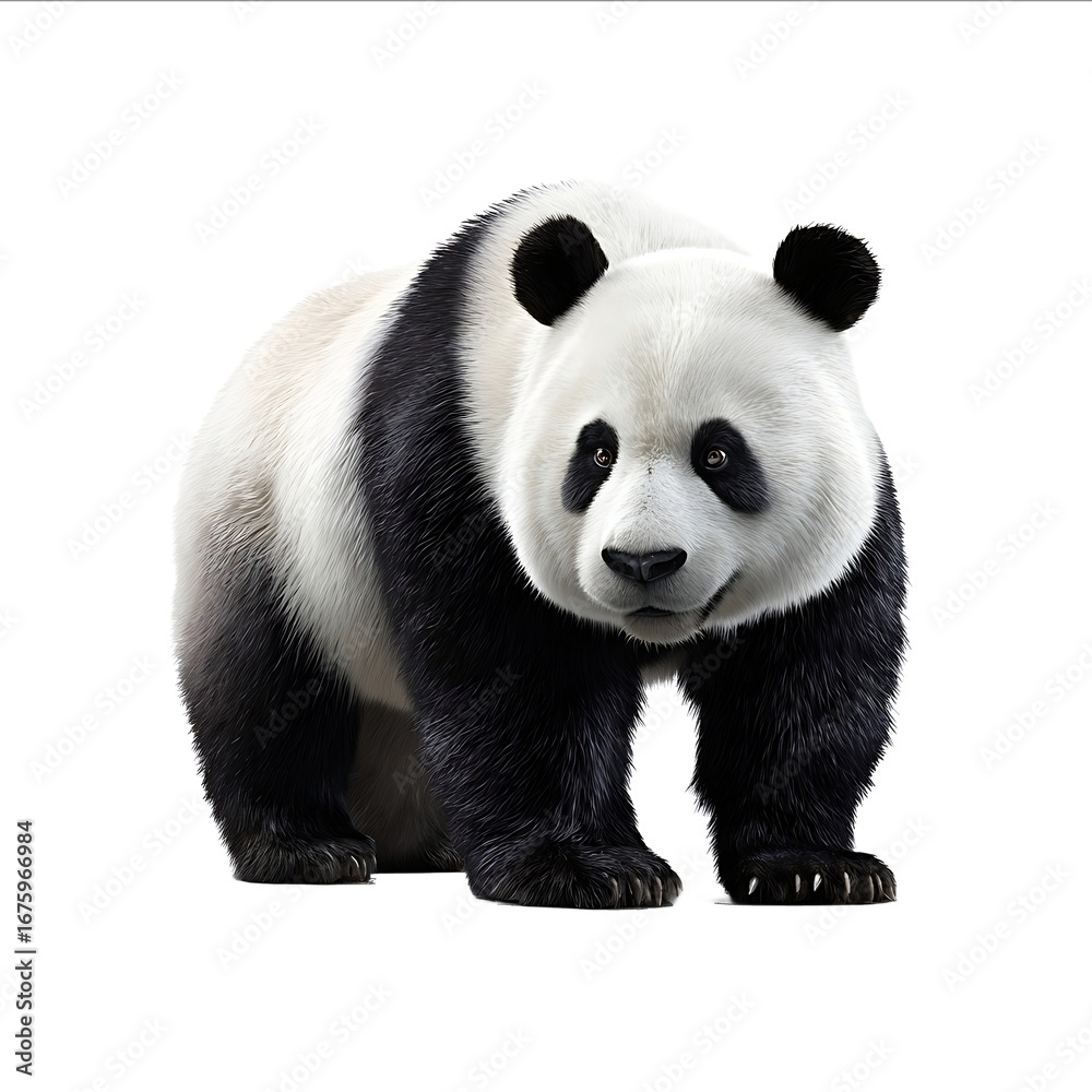 Naklejka premium Giant panda standing on the ground looking at the camera isolated against a white background photorealistic