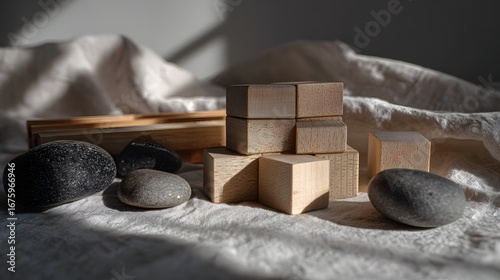 Light-drenched still life featuring a stack of light wooden blocks and smooth stones on a textured white linen cloth.