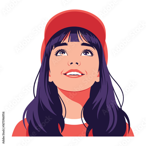 Dreamy girl looking upward: A young girl with a cheerful and sweet expression gazing upwards, embodying youthful dreams and aspirations, with a vibrant color palette and an inviting.