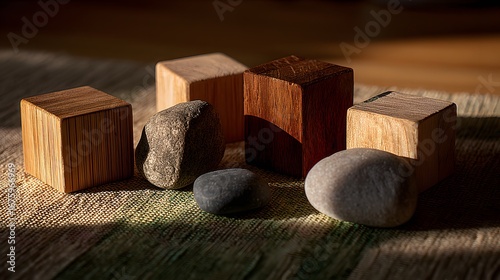 Wooden cubes and stones arranged on a textured surface, bathed in warm sunlight, showcasing a serene and minimalist aesthetic.