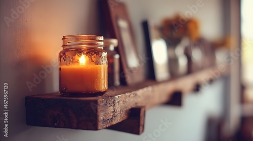 A warm, inviting candle illuminates a rustic wooden shelf, showcasing a cozy ambiance.